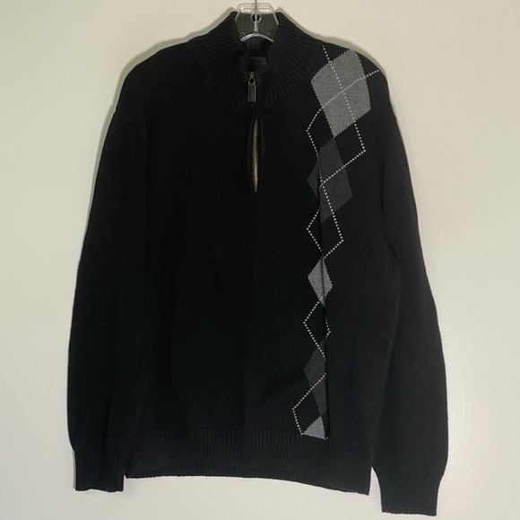 Oscar de la Renta Other - Oscar De La Renta Sweater Mens XL Black Argyle Tight Knit Quarter Zip Preppy‎